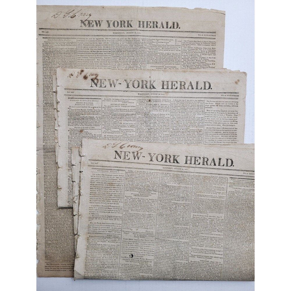Lot of 3: NEW YORK (NY) HERALD August 1815: Antique Newspapers #1427, 1428, 1432